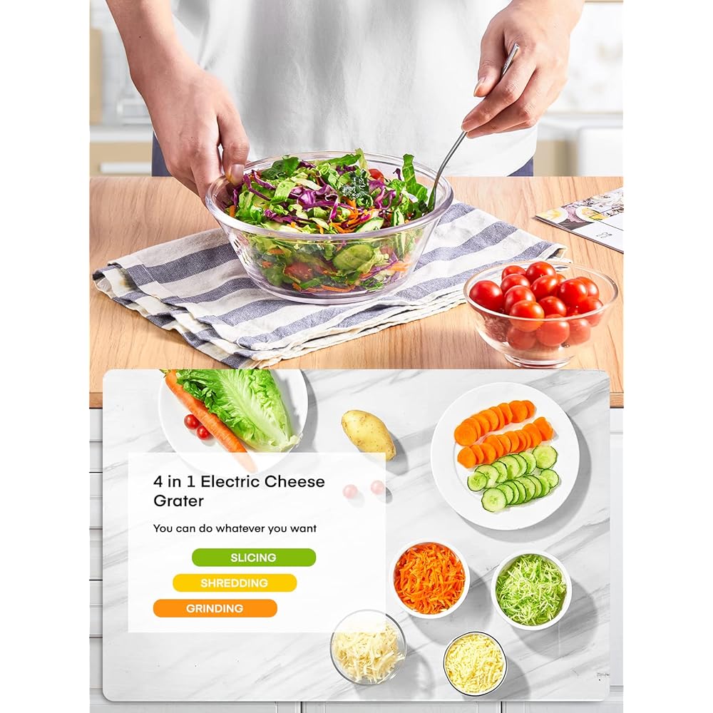 FOHERE 4 en 1 Râpe a Légumes Électrique, Découpe légumes électrique 200W Râpe Carottes Hachoir Électrique pour Fromage, Carottes, Pommes de Terre, Concombres, Argent : Cuisine et Maison