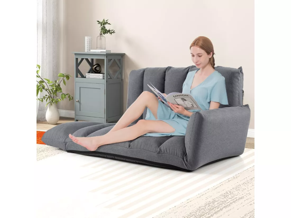 Canapé au Sol Pliable et Inclinable, Siège Rembourré avec Dossier et Accoudoirs Réglables à 5 Positions, Canapé Convertible, Cadre en Métal Robuste, pour Salon de Jeu, Chambre, Gris