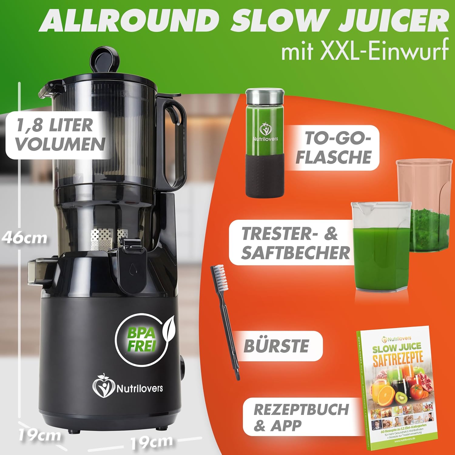 Nutrilovers Entsafter Slow Juicer NUTRI-PRESS MAX Ganze Früchte entsaften mit XXL 135 mm Öffnung, BPA-frei inkl. Saft-Flasche, Slow Juice Rezeptbuch