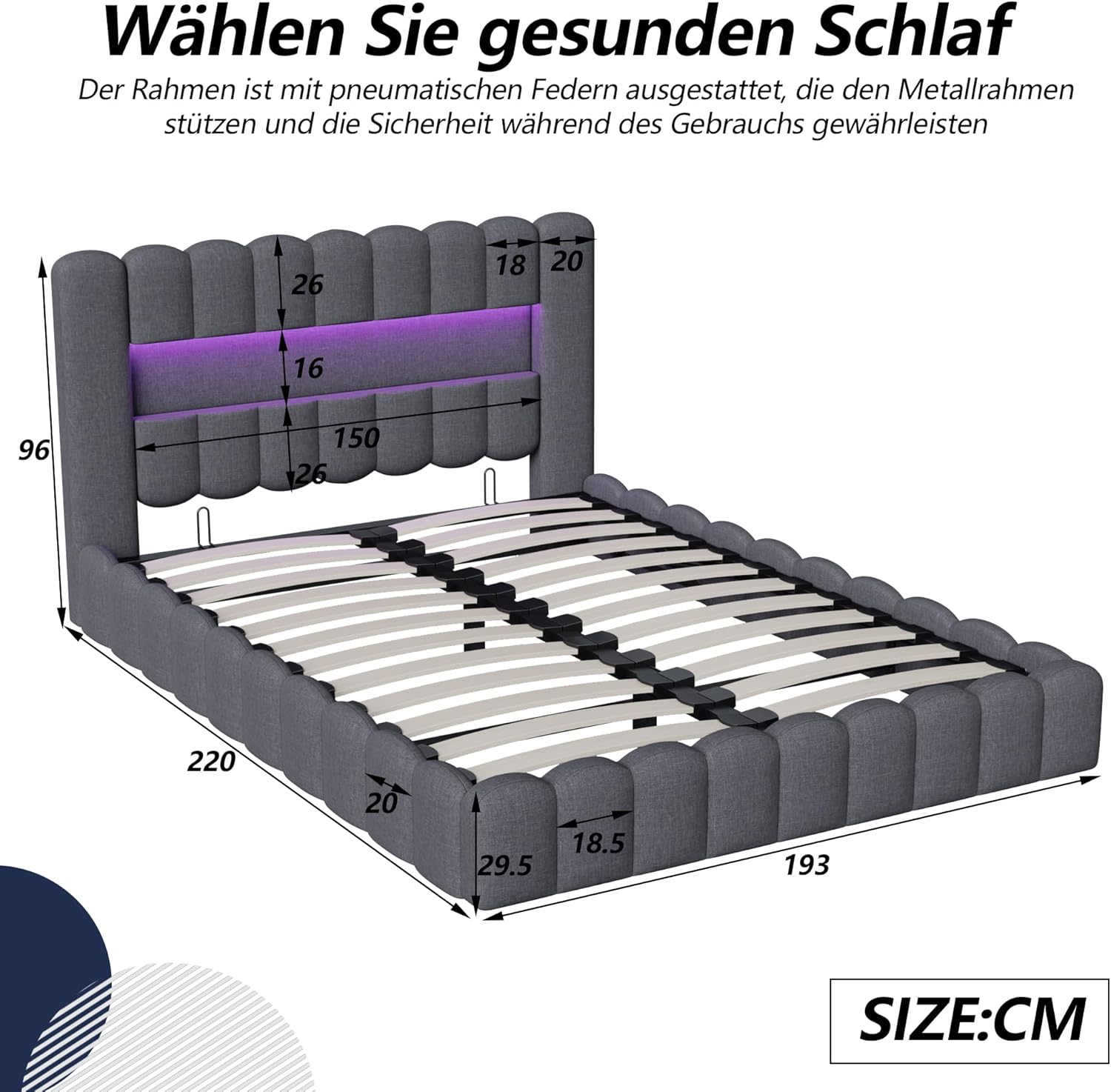 Bubble Bett 180x200 Mit Bettkasten, Polsterbett Doppelbett Mit Hydraulisch Stauraum, Stauraumbett Mit LED Und USB Ladefunktion, Jugendbett Bettgestell Mit Lattenrost, Leinen, Ohne Matratze, Grau