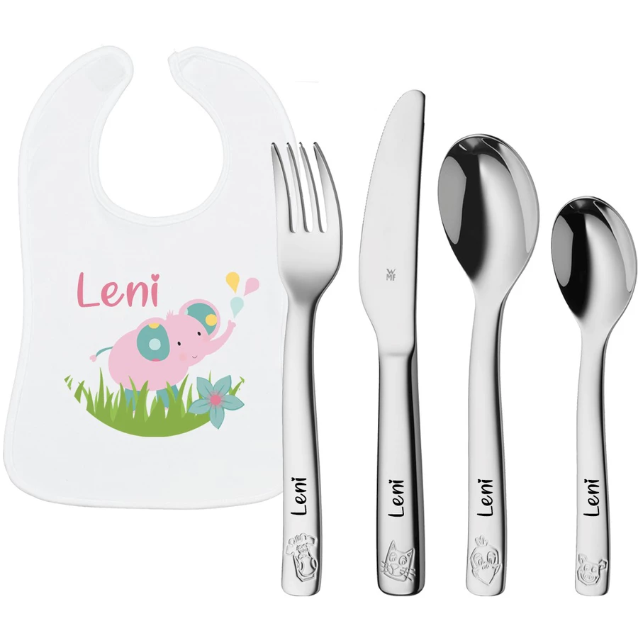 Schnullireich Geschenkset mit Namen WMF Kinderbesteck Farm + Lätzchen Rosa Elefant Silber