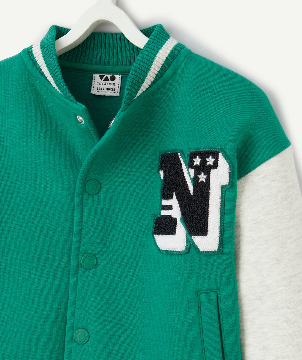 VESTE TEDDY GARÇON EN COTON BIO VERT ET GRIS THÈME CAMPUS