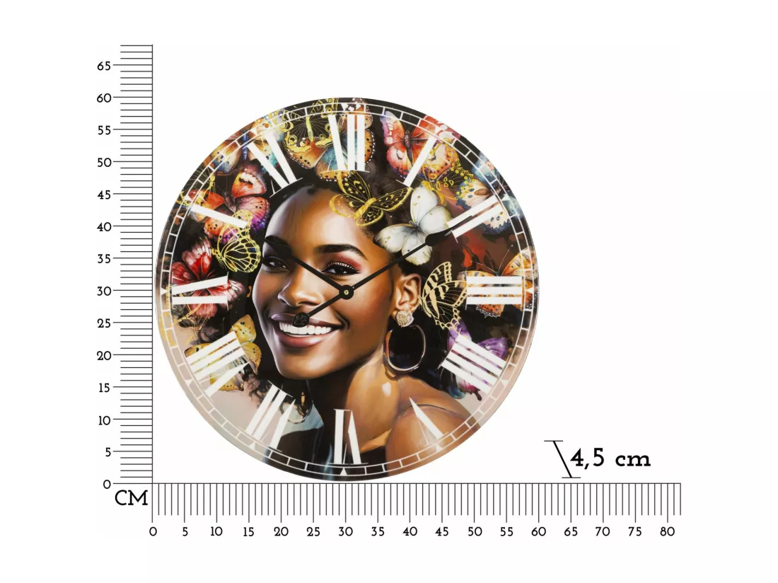 Horloge Murale kourt - Illustration Féminine avec Papillons Colorés, Ø 60 x 4,5 cm