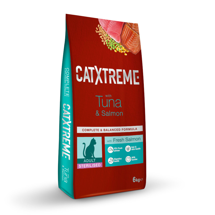 Ração esterilizada para animais de estimação Catxtreme Adult com atum e salmão.
