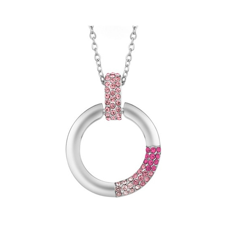 Pendentif Cercle orné de Cristal Rose Swarovski et Plaqué Rhodium