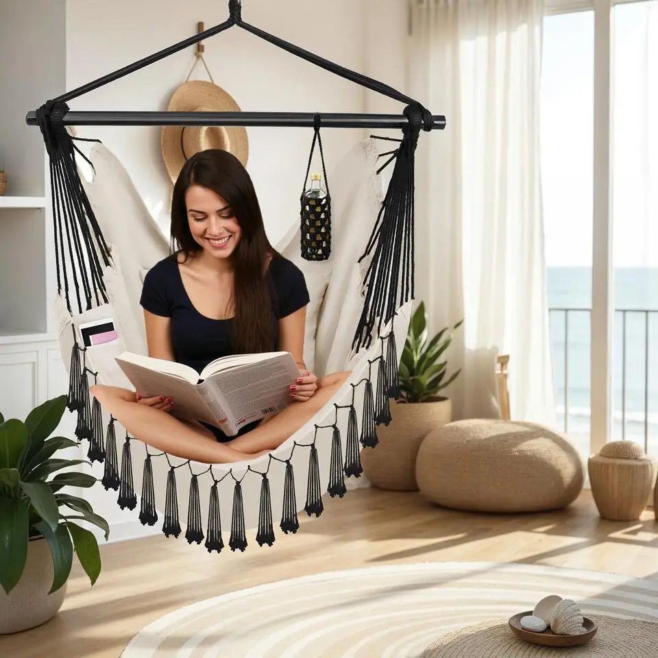 tectake Hangstoel Malika, boho-stijl, draagkracht 150kg, Beige