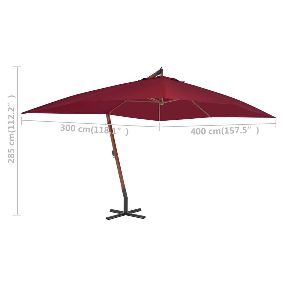 Parasol meuble de jardin en porte-à-faux avec mât en bois 400 x 300 cm bordeaux