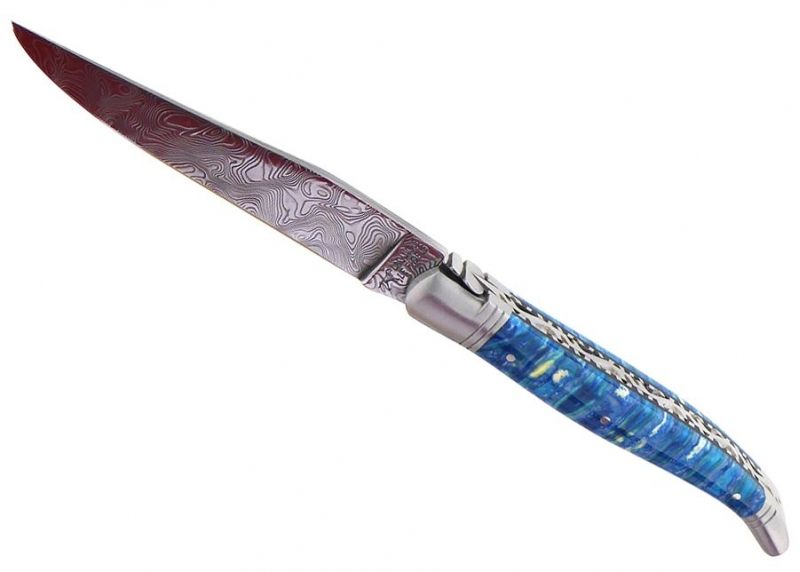VENDU - Couteau Laguiole avec un manche en molaire de Mammouth teintée bleu