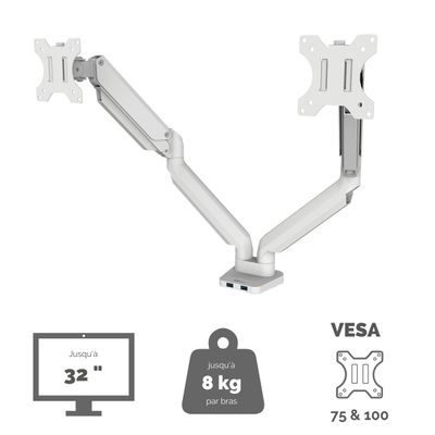 Fellowes Platinum series - Bras porte écran double réglable - fixation sur bureau - blanc