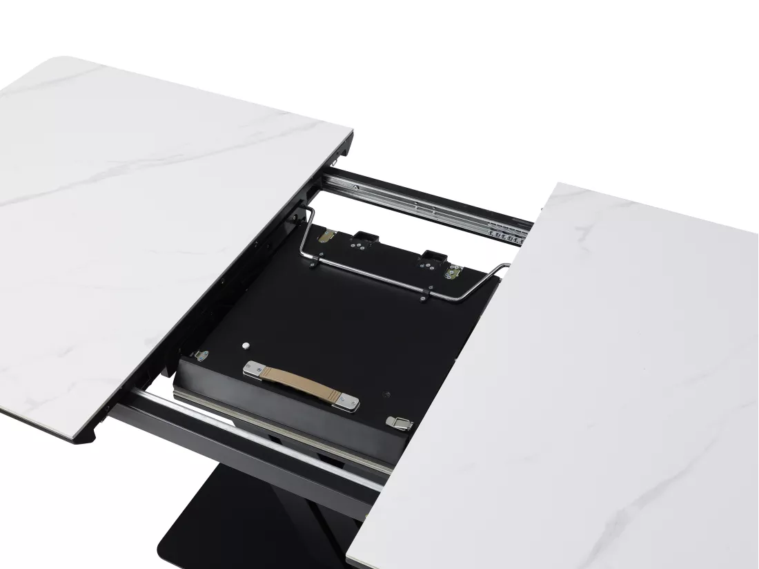 Table à manger extensible 6 à 8 personnes en céramique, MDF et métal - Effet marbre blanc et Noir - MERIANI