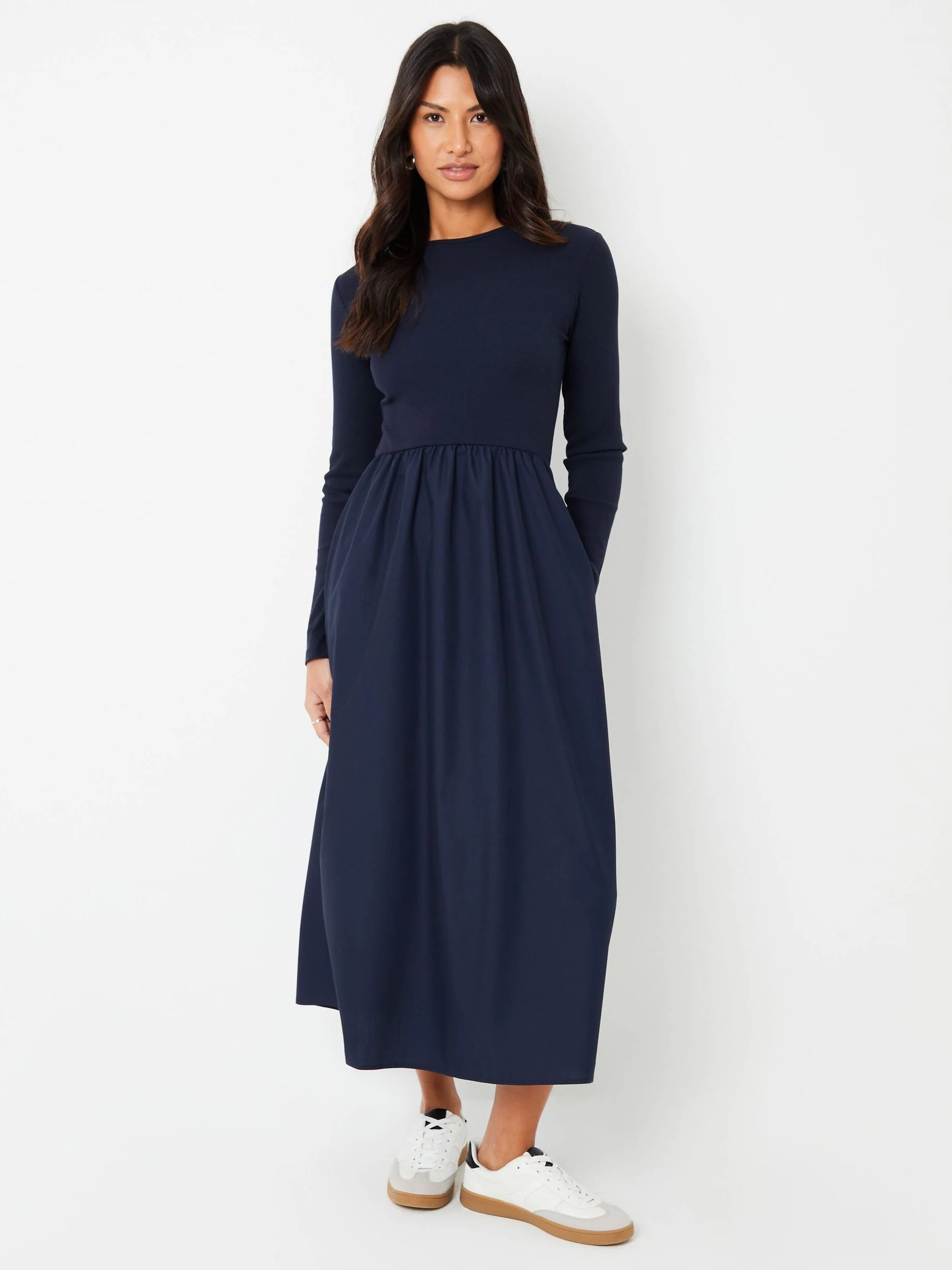 Blauw - Threadbare geribbelde jersey 2-in-1 midi-jurk met poplin rok