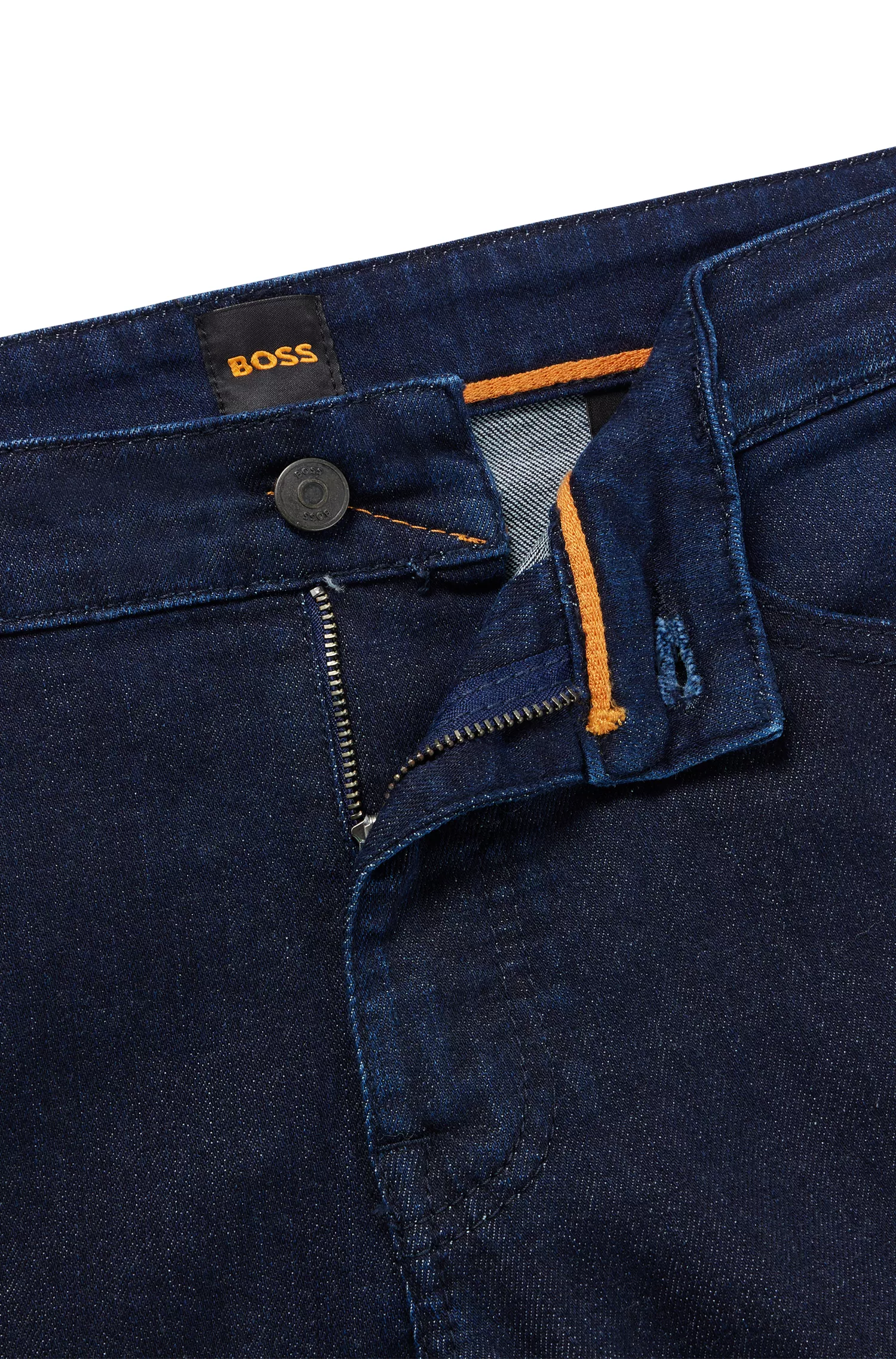 Calça jeans BOSS laranja, corte slim, em denim azul com elasticidade confortável.