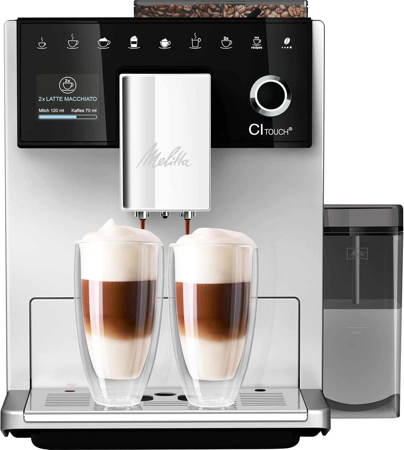 Melitta CI Touch - Kaffeevollautomat mit Milchsystem, Kaffeemaschine mit integrierter Kaffeemühle und Milchaufschäumer, für z. B. Espresso oder Cappuccino, silber