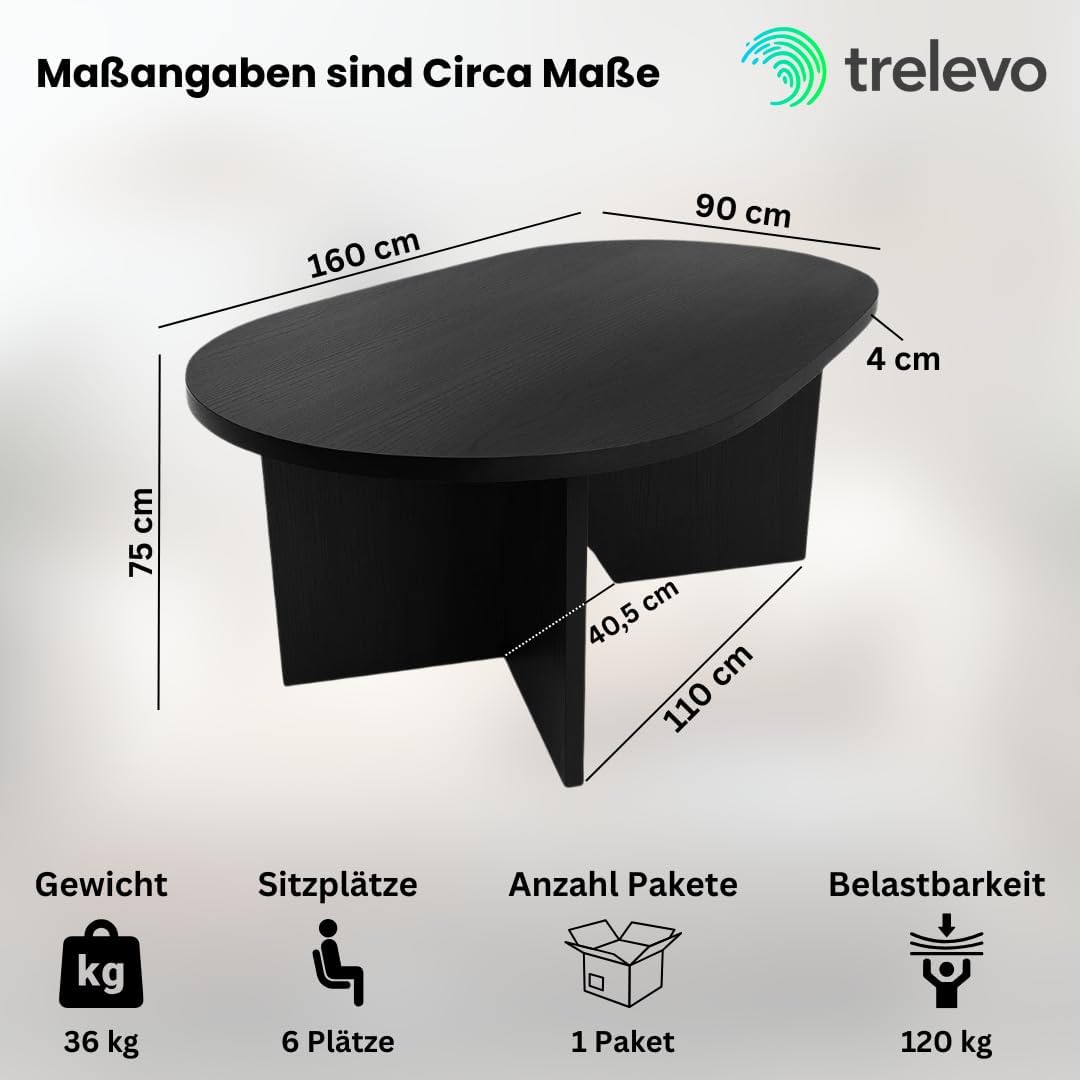 Esszimmertisch 160x90 cm, Schwarze-Optik, Tischplatte gerade Kanten 40mm, ovealer Esstisch, Tischbeine V-Form, Holztisch Esszimmer