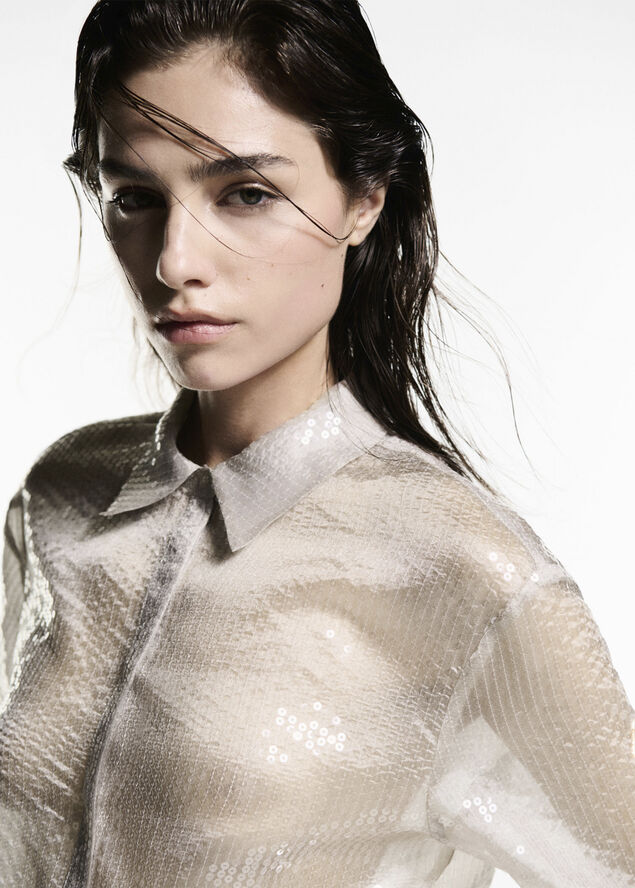 MANGO Semi-transparent sequined shirt Light beige