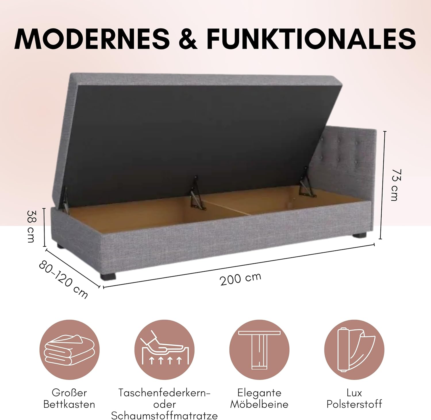 Boxspringbett Olaf 120x200x38 cm mit Schaumstoff Matratze, Bett mit Matratze, Polsterbett mit Bettkasten, Gepolstertes Einzel Bett, Schlafsofa - Graphit