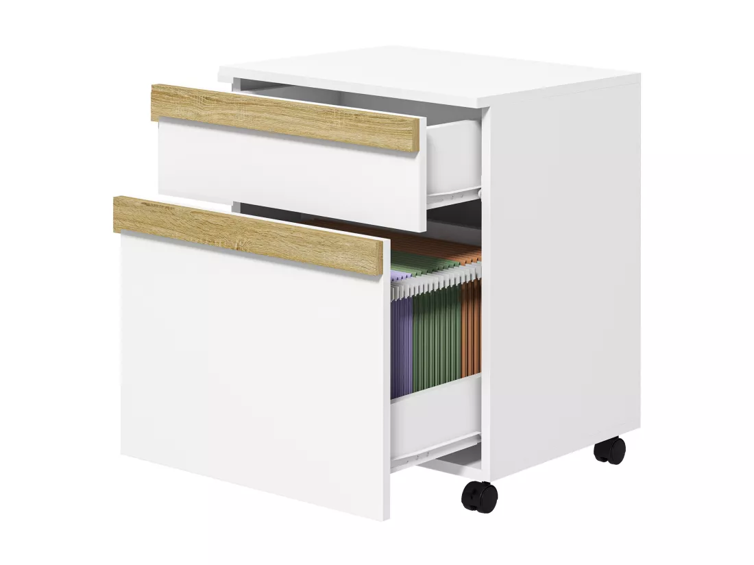 Caisson de bureau rangement bureau sur roulettes tiroir coulissant et tiroir dossiers suspendus blanc aspect chêne clair