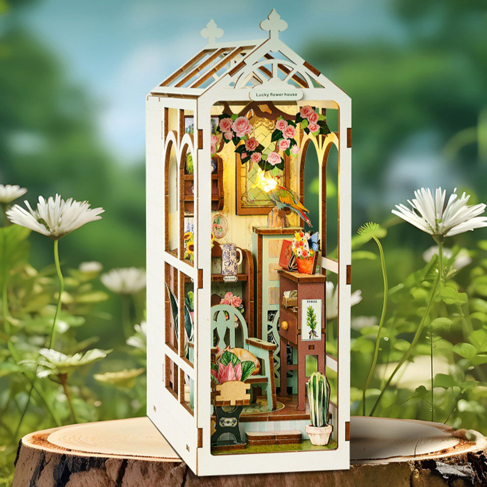 (104-tlg. Set) 24x8cm Holz Bücher Nische Modell Bausatz DIY Miniatur Haus mit Licht Home Deko Buchstütze für Erwachsene - Gartenhaus