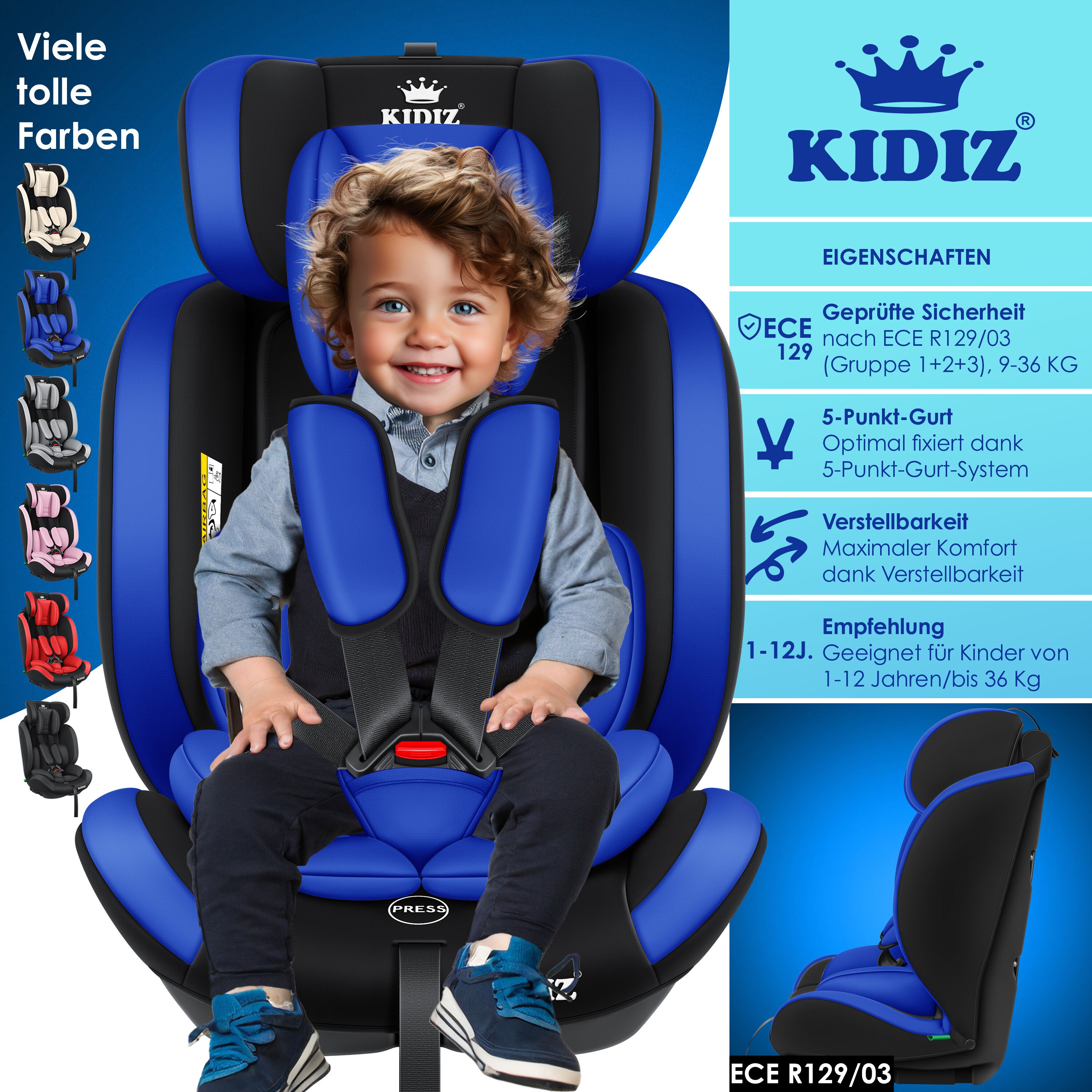 KIDIZ® Autokindersitz Kinderautositz ? Gruppe 1+2+3 ? 9-36 kg 5-Punkt-Sicherheitsgurt, Autositz, Kindersitz, Einstellbare Kopfstütze | Mitwachsende Sitzerhöhung 1-12 Jahre, Stabil und Sicher