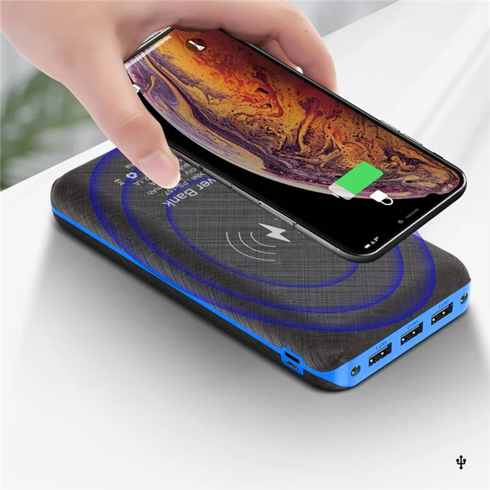 (20000mAh) 3-fach USB A Qi Wireless Outdoor Solar Powerbank mit Taschenlampe mit 2 LED's - Schwarz / Blau
