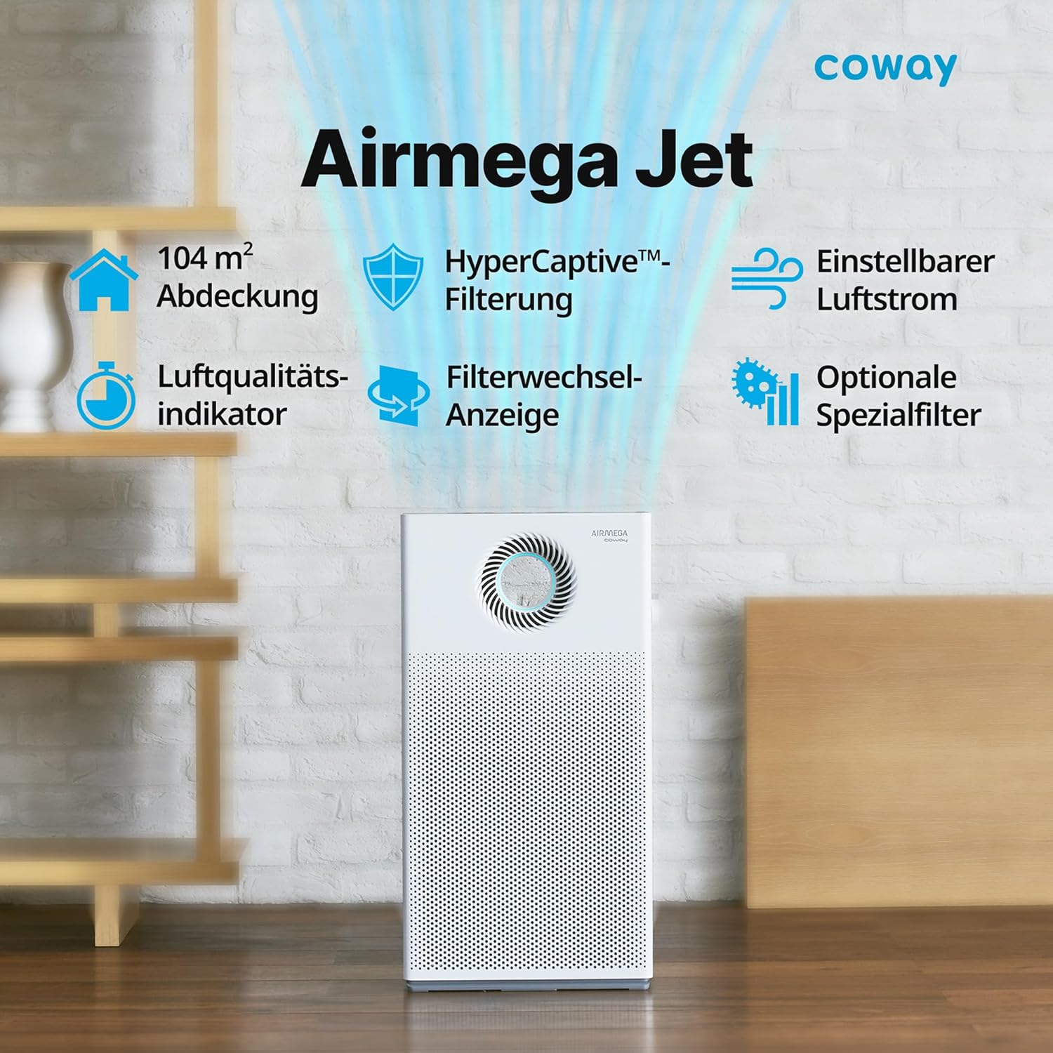 COWAY Luftreiniger Allergiker – mit MegaJet-Luftstrom vorn/oben, entfernt 99,999% der Partikel bis 0,01µm, ECARF-geprüft, für Pollen, Staub & Tierhaare, CADR 402m³/h – AIRMEGA JET