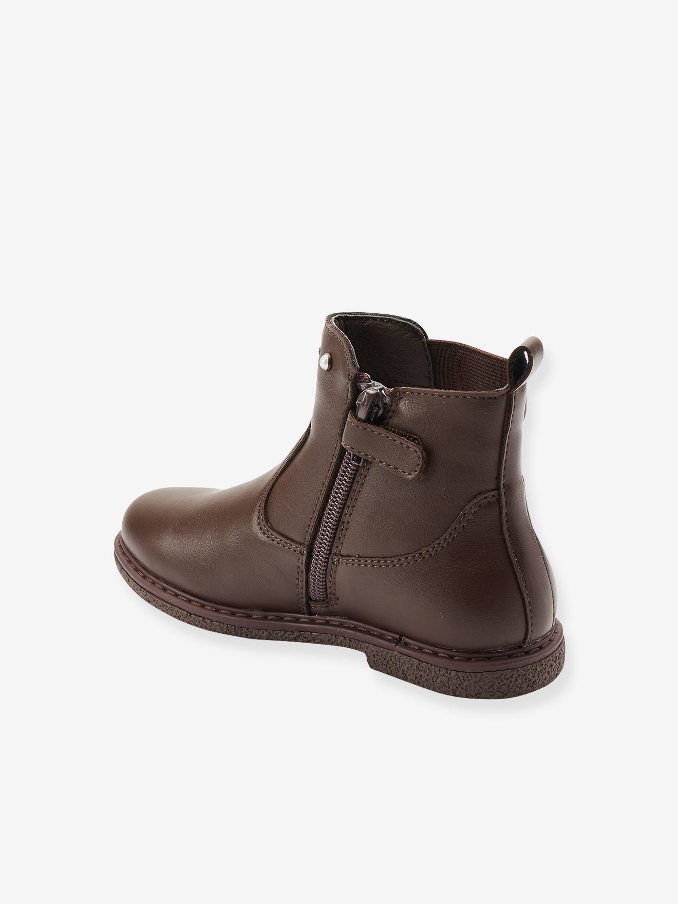 Botas de cano curto elegantes com um pequeno salto, para menina, cor marrom médio liso.