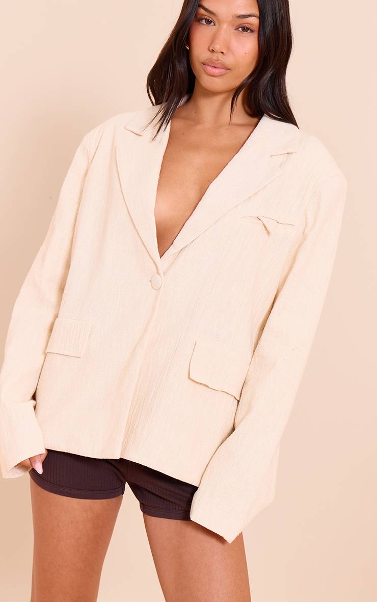 Blanc Blazer Boxy Structuré Aspect Lin