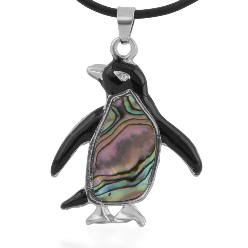 Collier Pendentif Femme Pingouin en Abalone Bleu Vert