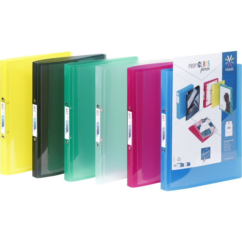 Classeur 2 anneaux plastifié Viquel Propyglass personnalisable A4 – Dos 2.5 cm couleurs assorties translucides