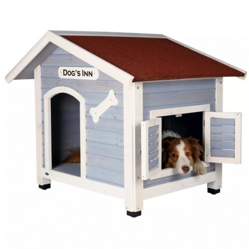 Casinha de cachorro de madeira com telhado de duas águas, cor cinza.