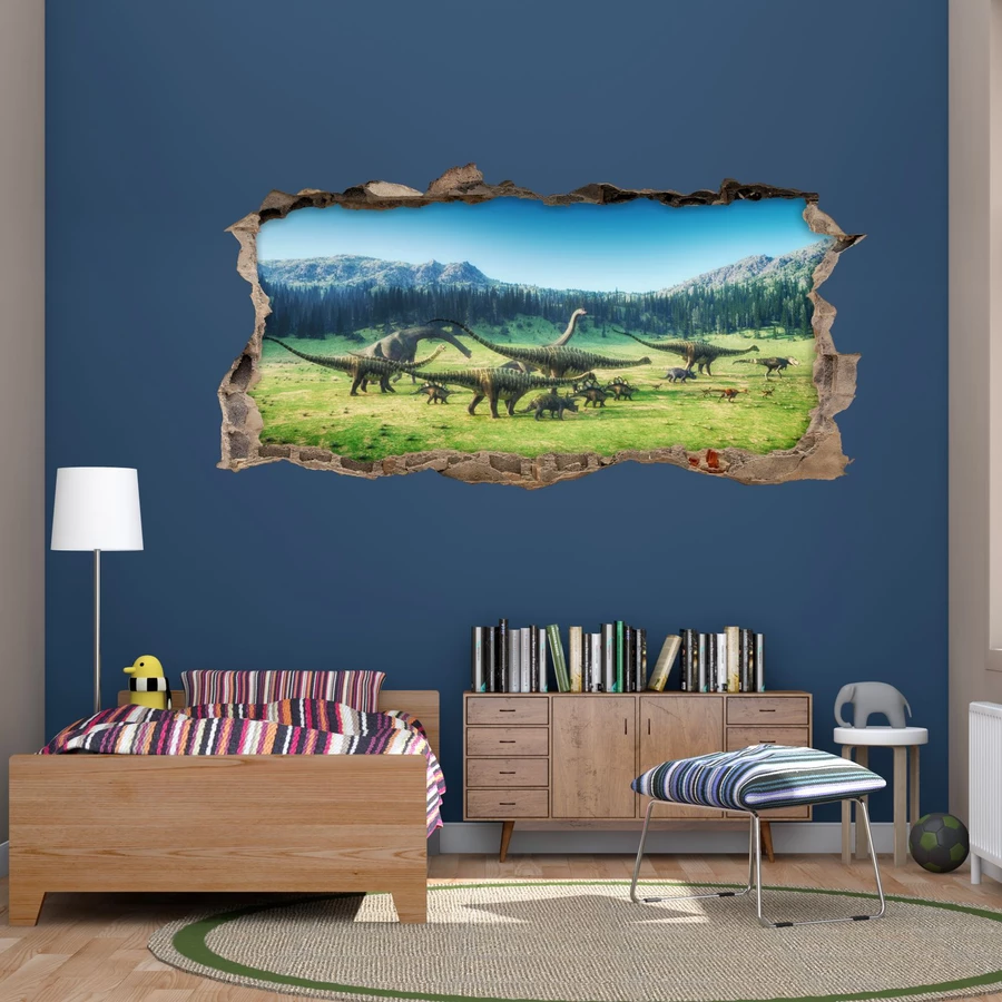 Nikima Wandtattoo 221 Wandtattoo Dino Wanderung - Loch in der Wand bunt
