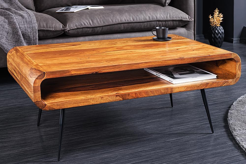 Riess Ambiente Massivholz Couchtisch Alpha 90cm Natur Sheesham Stone Finish Metallbeine mit Stauraum Wohnzimmertisch Wohnraumtisch Sofatisch Holztisch