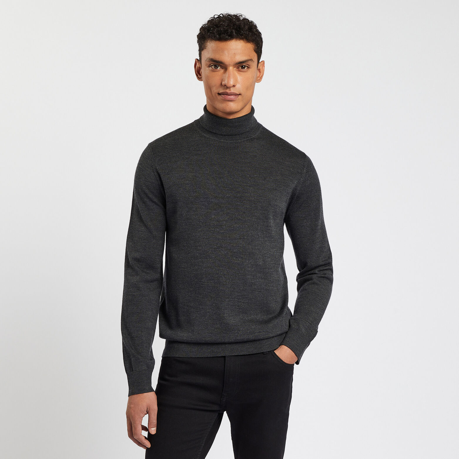 Pull col roulé en laine mérinos Gris foncé