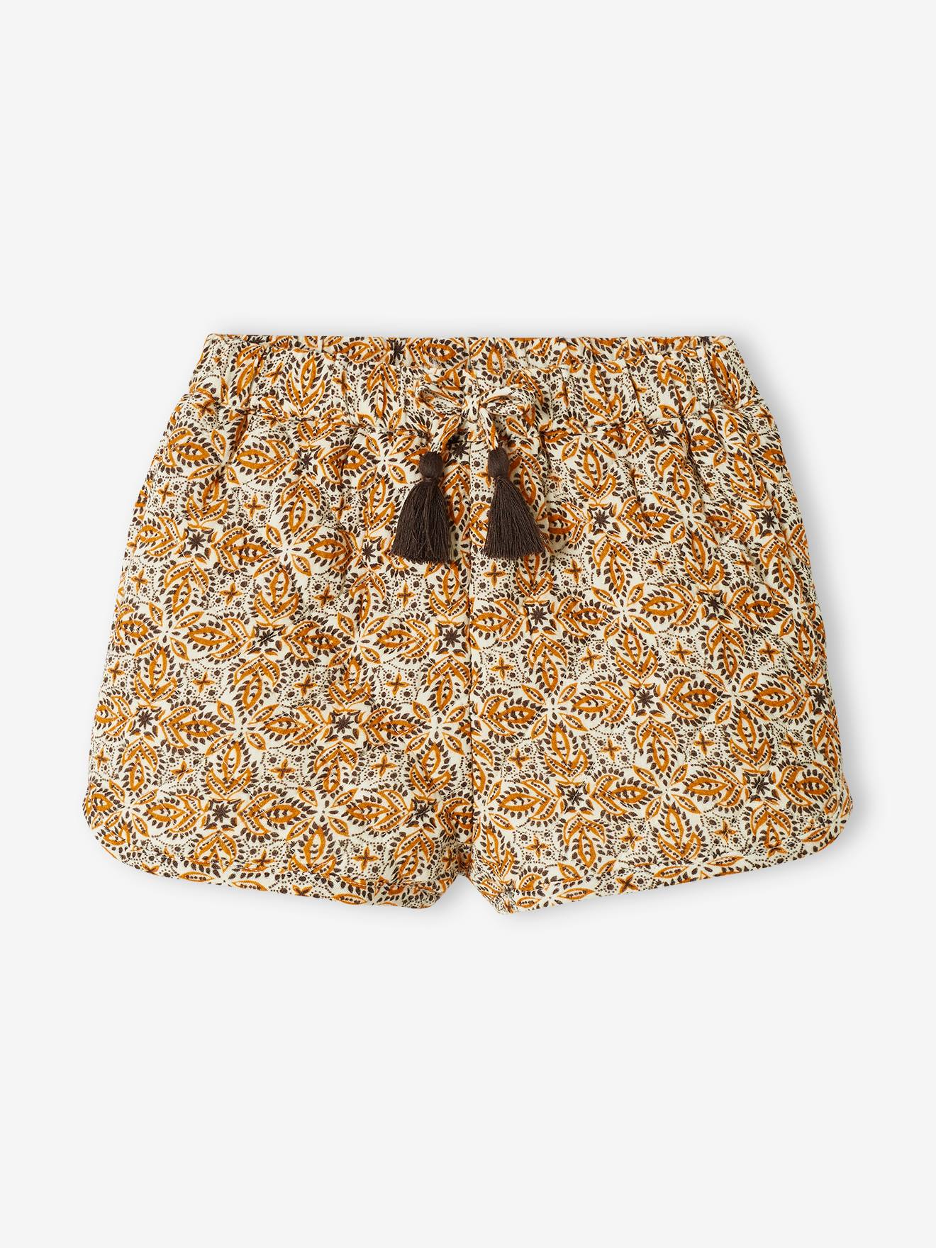Calções estilo kilt em tom cru com estampa para meninas