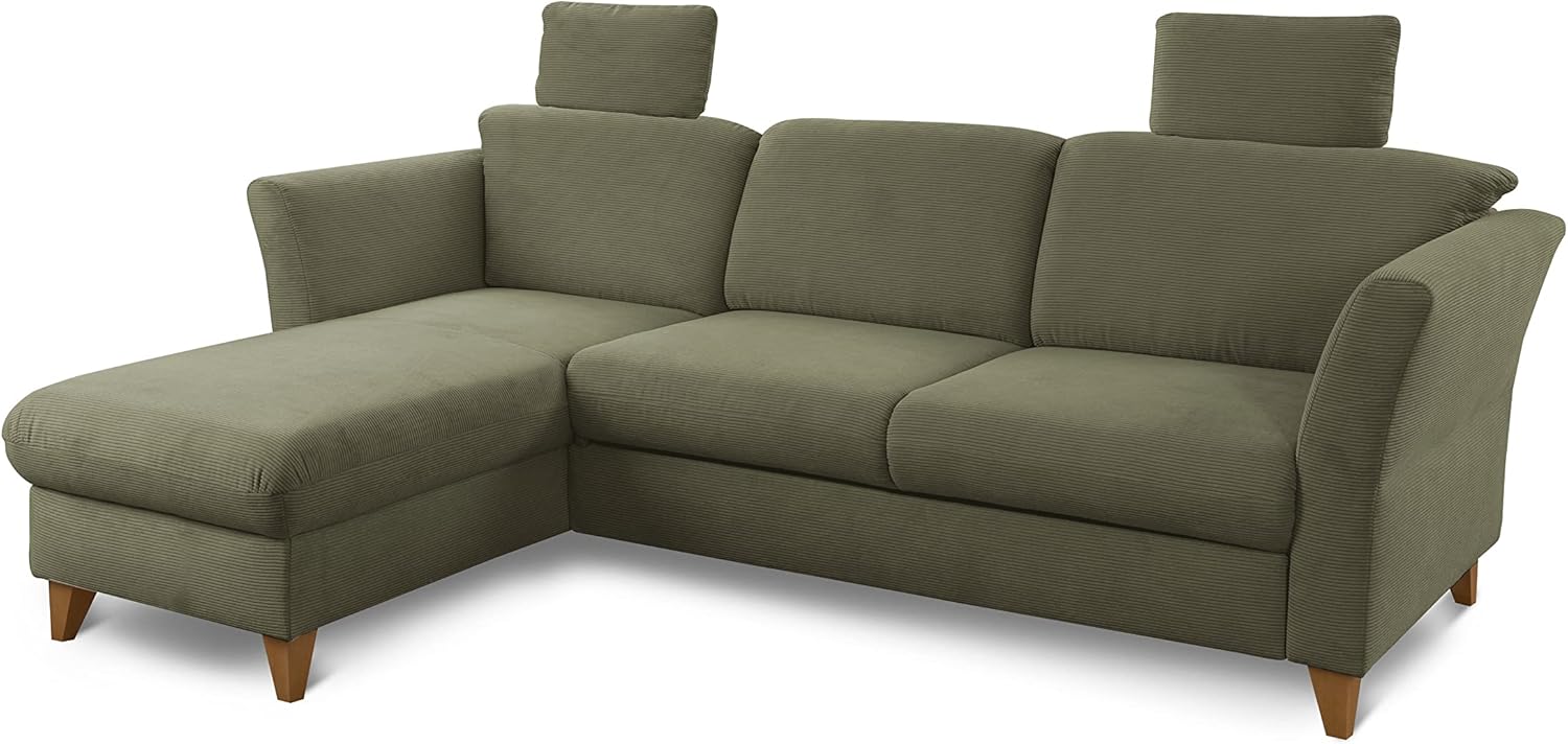 CAVADORE Eckcouch Trend / Skandinavisches Ecksofa mit Federkern, Longchair und zwei Kopfstützen / 249 x 86 x 162 / Cord, Olive