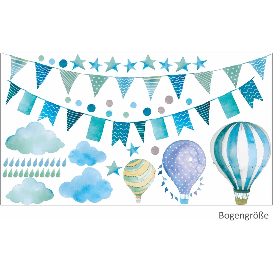 Nikima Wandtattoo 016 Wandtattoo Girlande Wimpelkette Ballon Wolke Regen Sterne mint blau grün blau