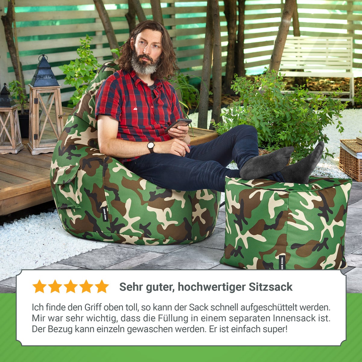 Green Bean Zitzak met rugleuning 80x70x90cm - Gaming stoel met 230L vulling, comfortabel, zacht, wasbaar - Zitzak vloerkussen, loungestoel, relaxstoel, gamerstoel, camouflagegroen
