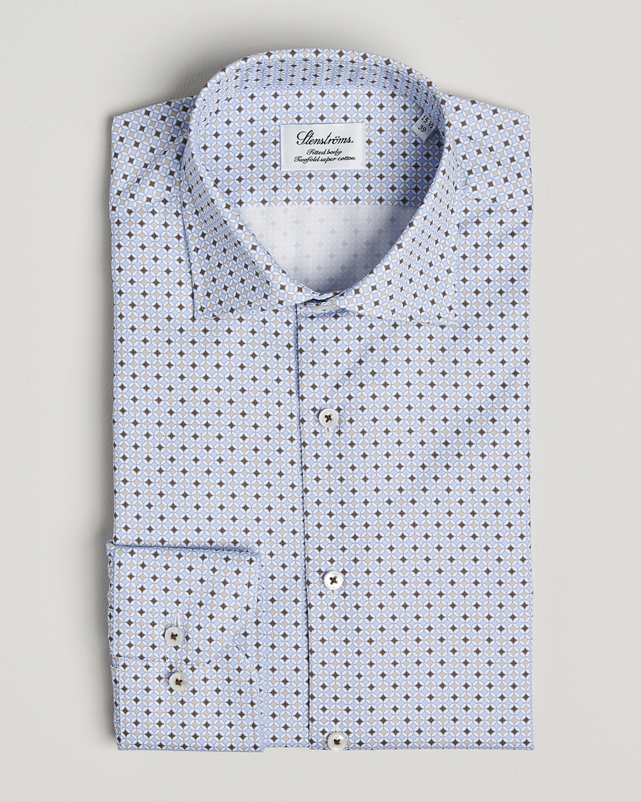 Stenströms Fitted Body Printed Cut Away Shirt Blue