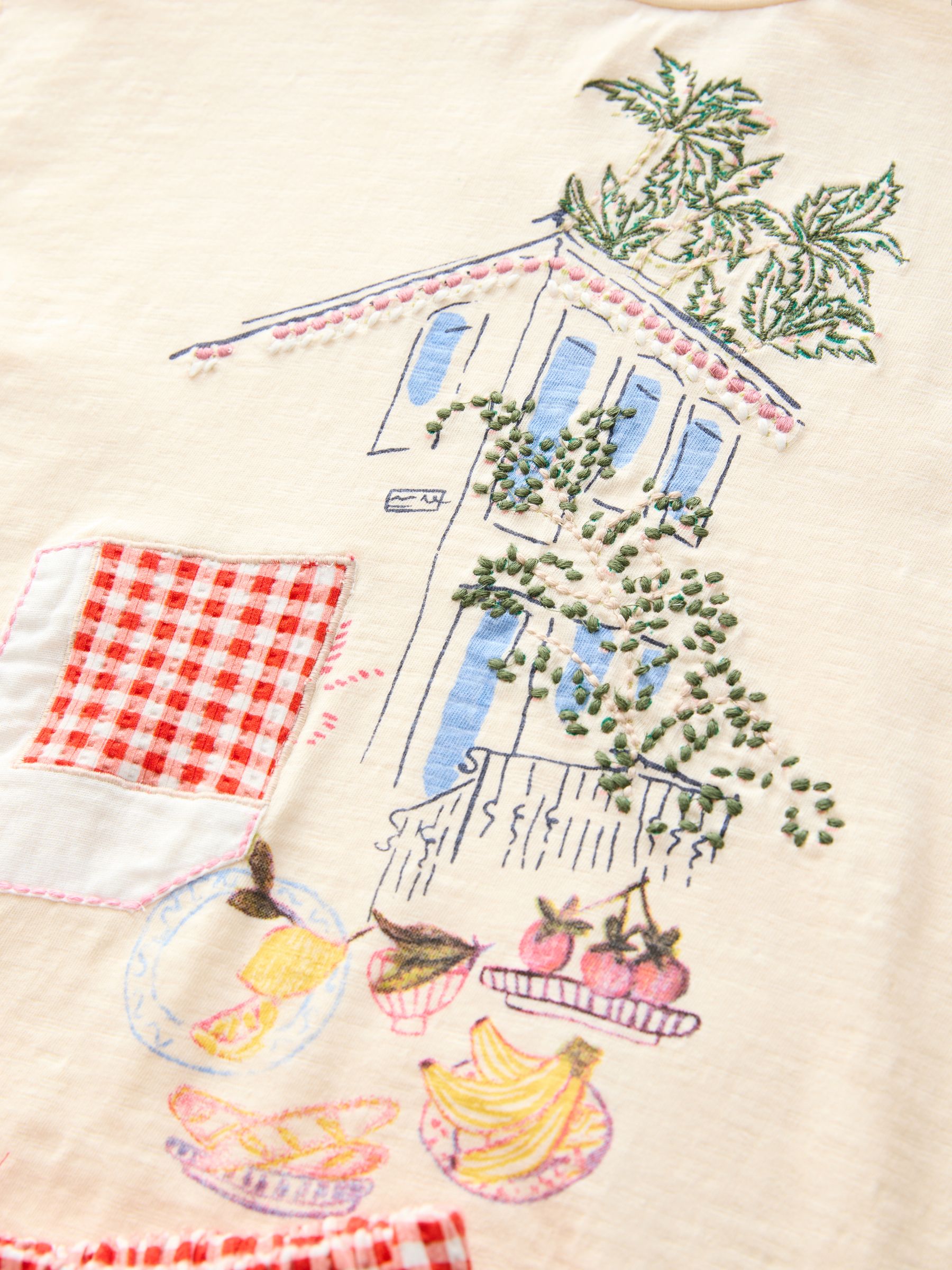 Ecru/rood geruit - Set van T-shirt en bloomer shorts met print (3-15jr)