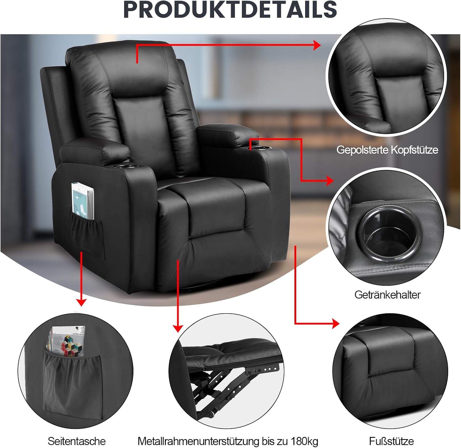 COMHOMA Relaxsessel Fernsehsessel mit verstellbarer Rückenlehne und Fußstütze,360°drehbarer Loungesessel aus PU-Leder mit Getränkehaltern und Seitentaschen,ergonomische Ganzkörperunterstützung,Schwarz