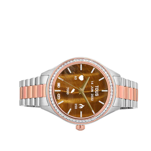 Relógio inteligente T-Shine Connect com pulseira de aço inoxidável, aço com revestimento IP em ouro rosa e zircônias brancas.