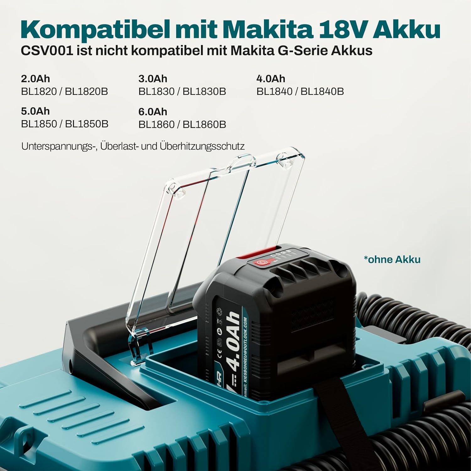 Akku-Nass-Trockensauger Kompatibel mit Makita 18V Akku, 10L Trocken/7.5L Nass, 15kPa Saugkraft, HEPA-Filter, Blasfunktion, CSV001 mit 2 m-Schlauch & Zubehör (ohne Akku und Ladegerät)