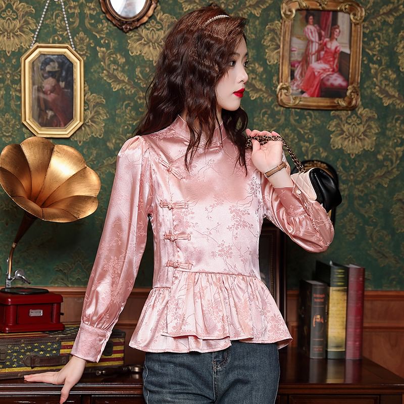 Dragan Pulse - Blouse met pofmouwen en hoge hals, jacquardmotief en kikkermotief, met knopen