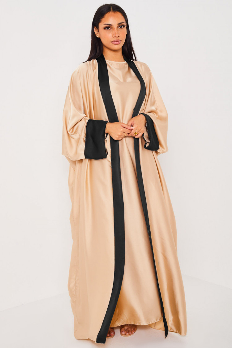 Ensemble 2 pièces robe + kimono beige à bandes noir