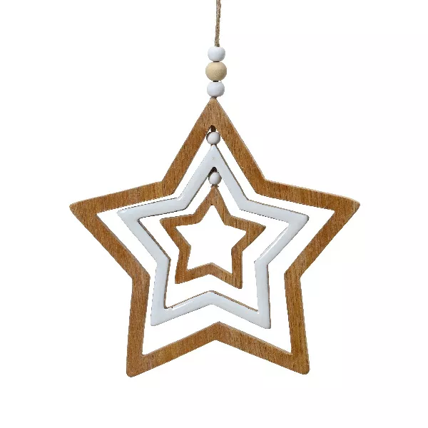 Étoile de Noël à suspendre (H13 cm) Bois et perles Nature