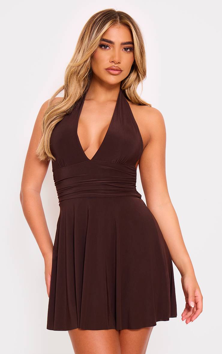 Chocolat Robe Droite À Double Couche En Jersey Soyeux Col Licou Avec Dos Noué
