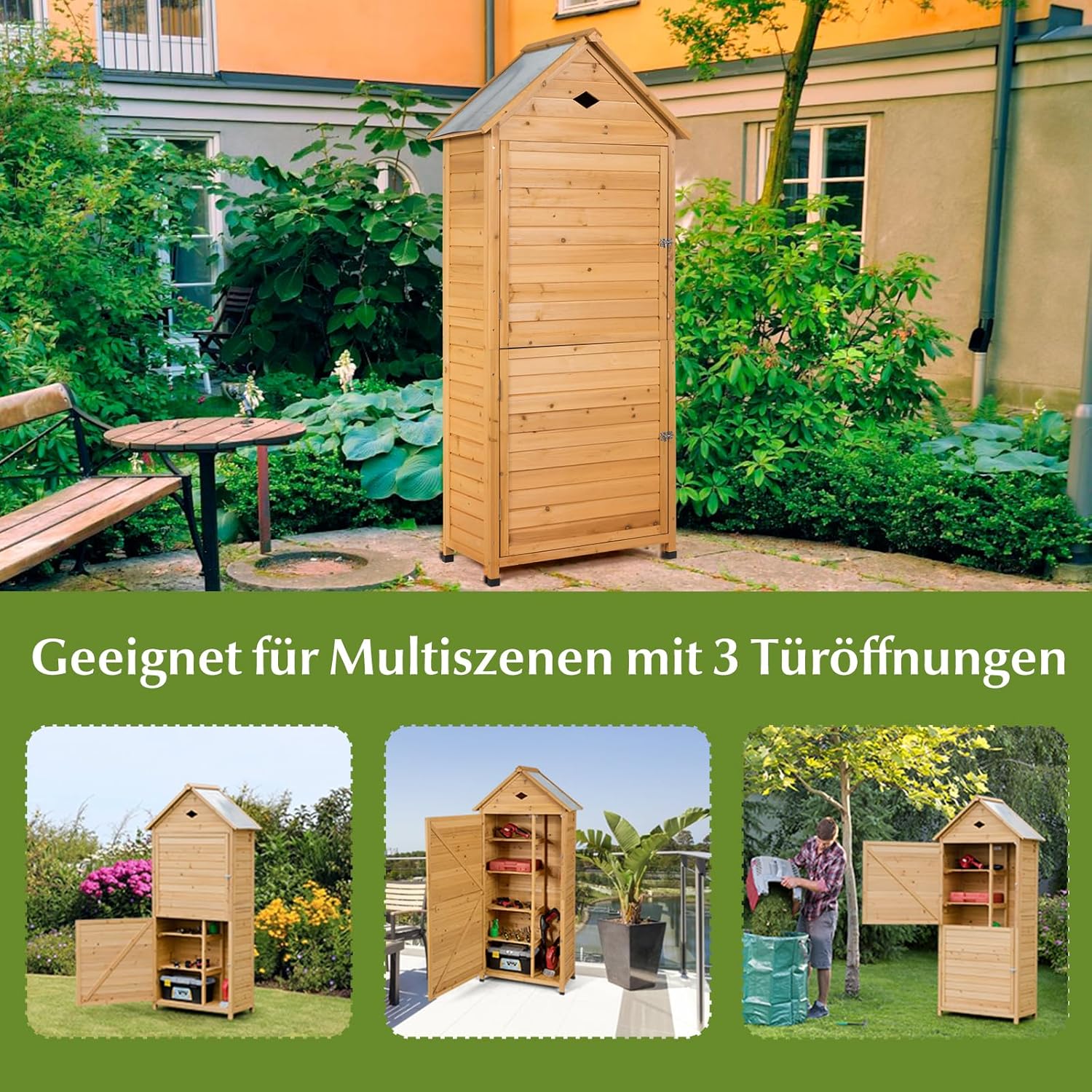 GOPLUS Gartenhaus Holz, 80 x 35 x 176 cm Geräteschuppen mit Satteldach & Ablagen & Schloss, Gerätehaus wetterfest, Gartenschrank Gartenhütte Holzhütte Gartenschuppen für Terrasse & Balkon
