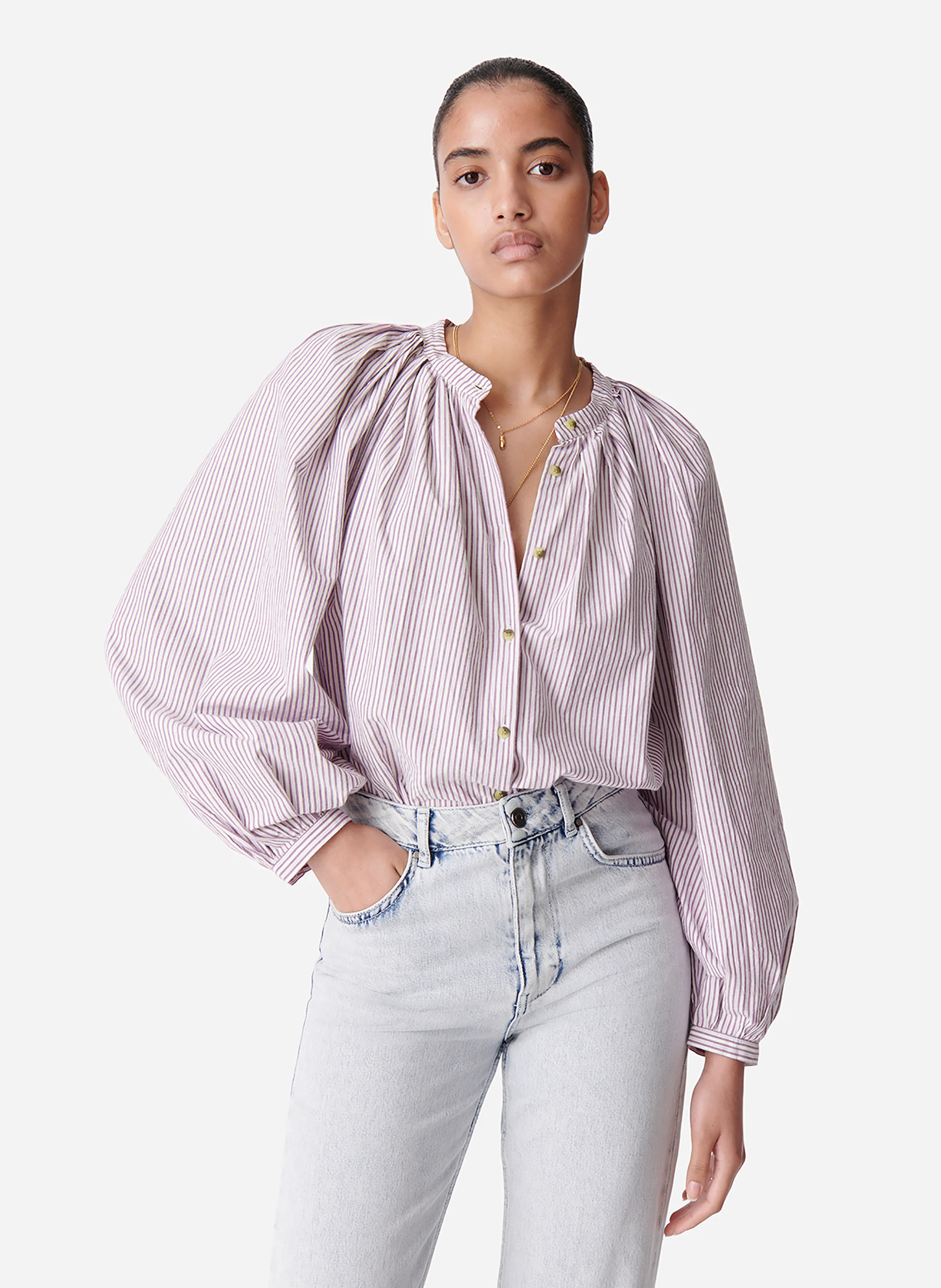 SOL - Chemise col rond ample en coton rayé | Rose