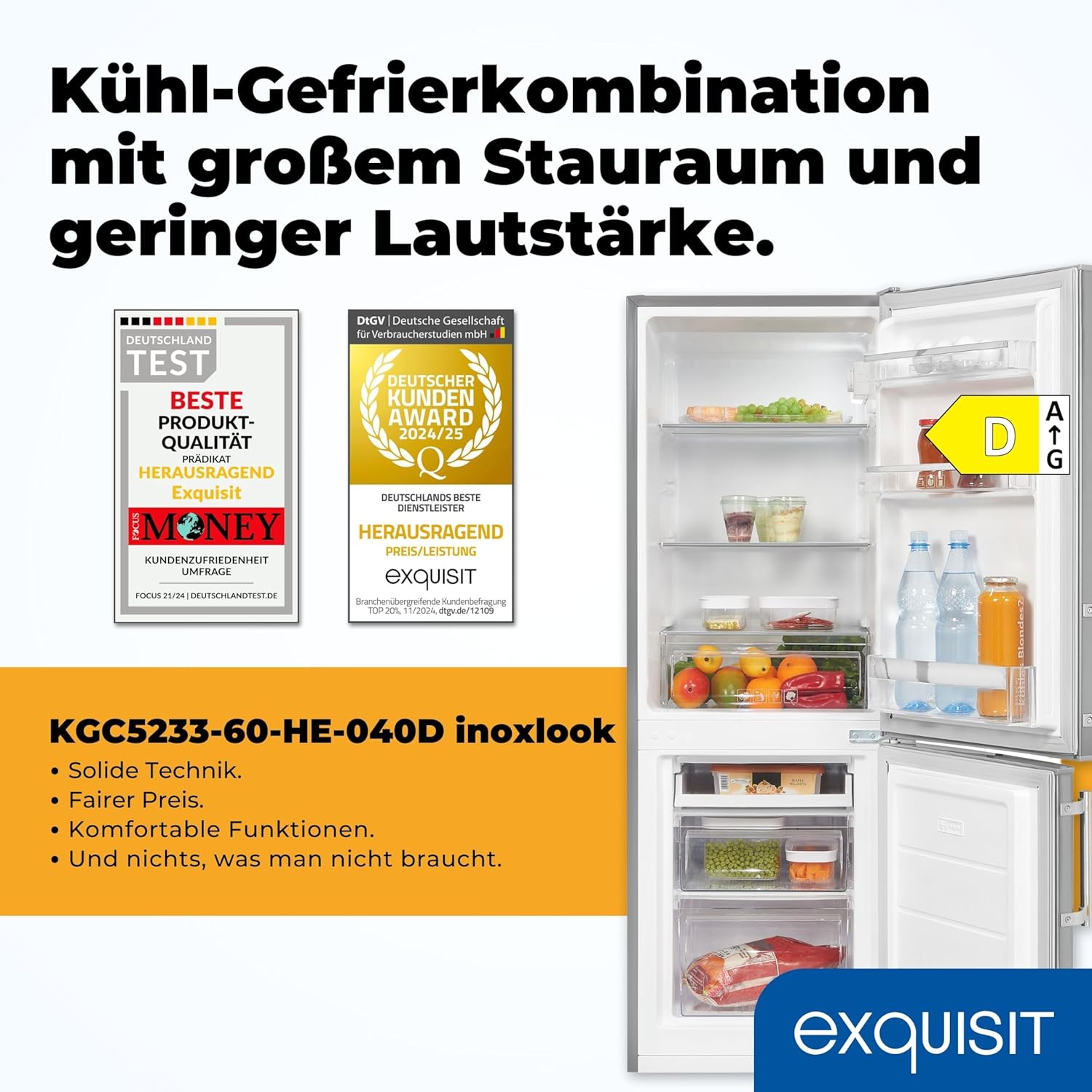 Exquisit Kühl-Gefrierkombination, 143 cm Höhe, Kühlschrank mit Gefrierfach, 4-Sterne-Gefrieren, 173 Liter, Alarm-Funktion, Kühl Gefrierkombination freistehend, KGC5233-60-HE-040D inoxlook