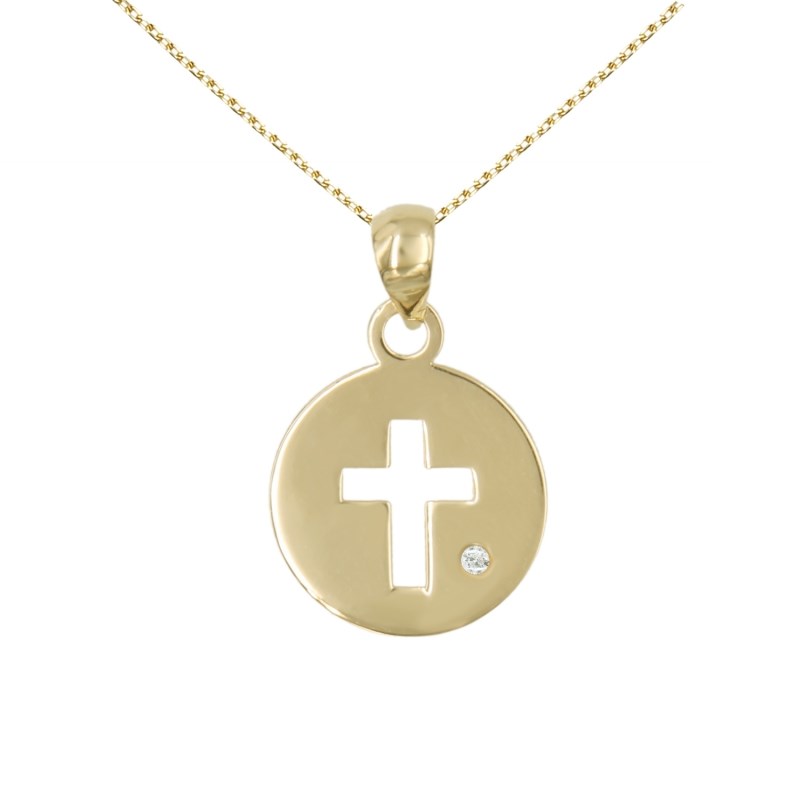 Collier - Pendentif Or et Diamant - Médaille Croix- Femme ou Enfant